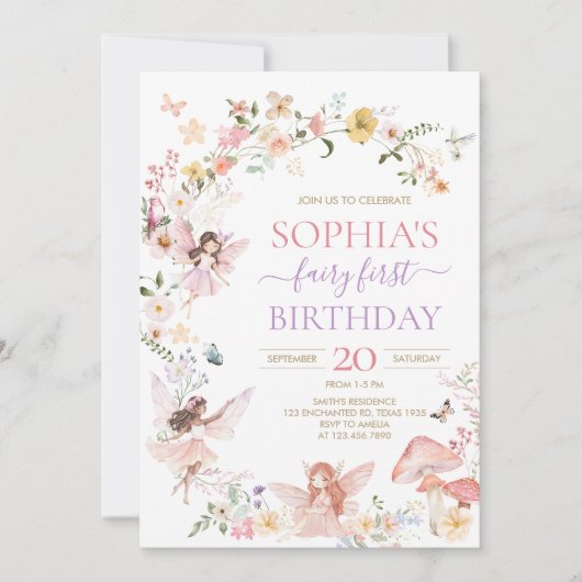 フローラフェアリーの最初の誕生日パーティーの招待 招待状 (正面)