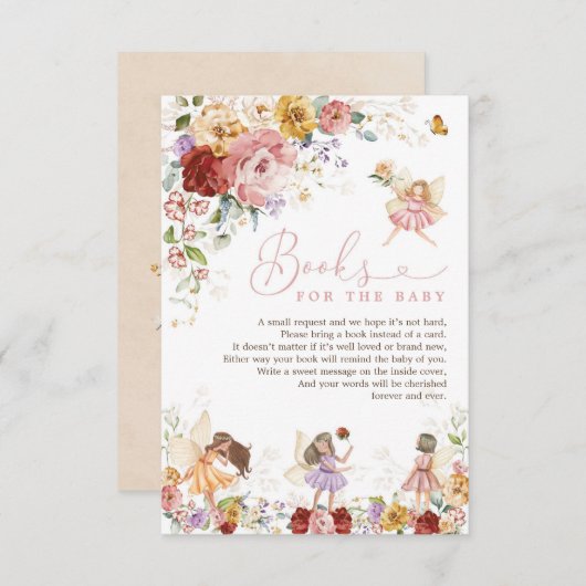 フローラフェアリーガーデンパーティーの赤ちゃんシャワー用ブック エンクロージャーカード (正面/裏面)