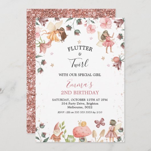 フローラフェアリーズガールズバースデーパーティー招待状 招待状 (正面/裏面)