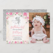 フローラフェアリー誕生日シルバーグリッター写真 招待状 (正面/裏面)