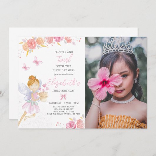 フローラフェアリー誕生日招待状と写真 招待状 (正面/裏面)