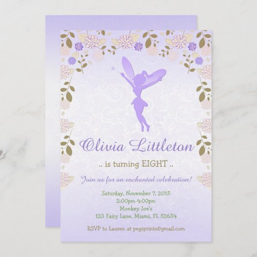 フローラフェアリー誕生日招待状パープルフェアリー 招待状 (正面/裏面)