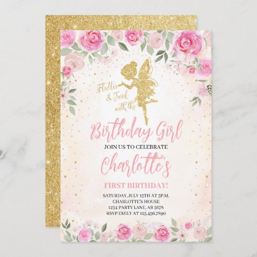 フローラフェアリー誕生日金ゴールドグリッター 招待状 (正面/裏面)