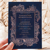 フローラフェイク金ゴールドネイビー青結婚水色 招待状