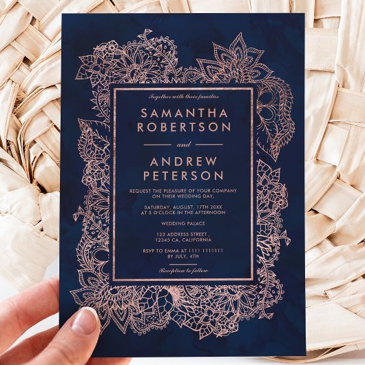 フローラフェイク金ゴールドネイビー青結婚水色 招待状