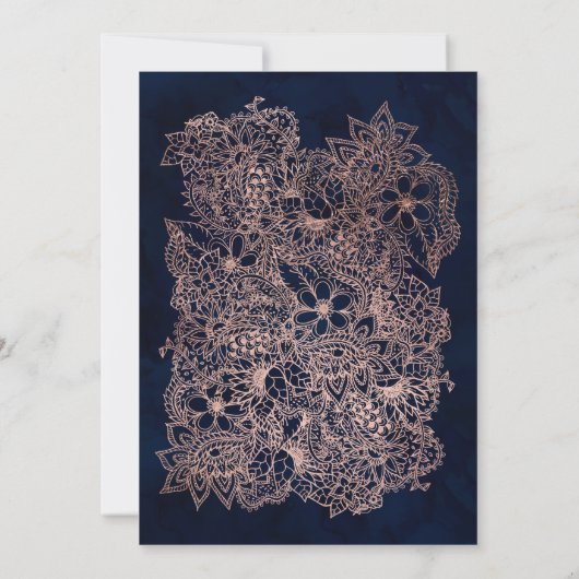 フローラフェイク金ゴールドネイビー青結婚水色 招待状 (裏面)