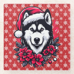 フローラフェスティバルハスキー犬とサンタハットクリスマス子犬 ガラスコースター