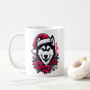 フローラフェスティバルハスキー犬とサンタハットクリスマス子犬 コーヒーマグカップ