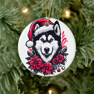 フローラフェスティバルハスキー犬とサンタハットクリスマス子犬 セラミックオーナメント
