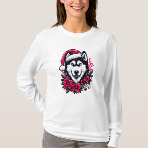 フローラフェスティバルハスキー犬とサンタハットクリスマス子犬 Tシャツ