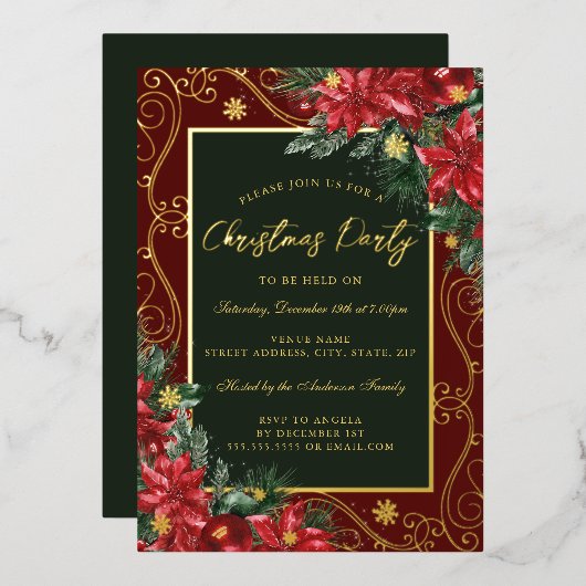 フローラフェスティバルフレームスノーフレーククリスマスパーティー 箔招待状 (正面/裏面)