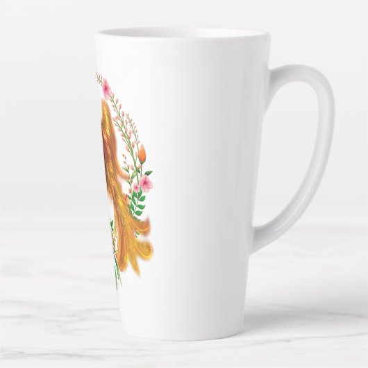 フローラフェニックスが燃えるような灰のファンタジーから上がる カフェラテマグ (右)