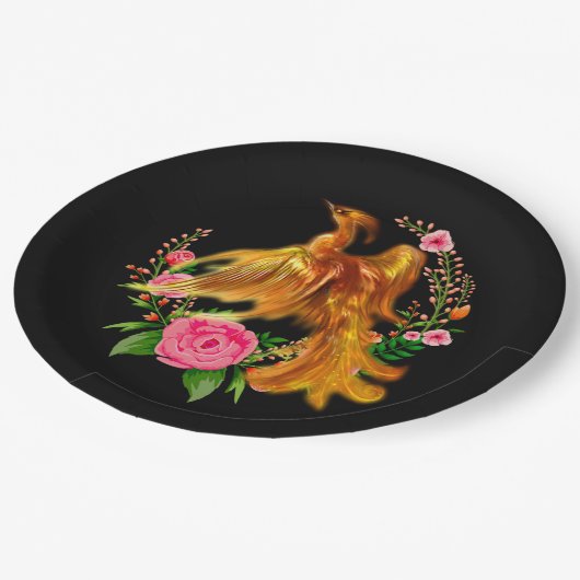 フローラフェニックスが燃えるような灰のファンタジーから上がる ペーパープレート (アングル)