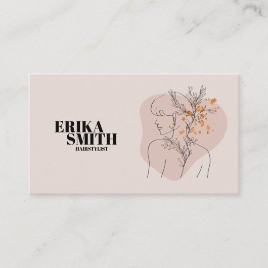 フローラフェミニンヘアスタイリストピンクラインアートQRコード 名刺 (正面)