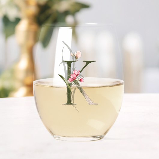 フローラフェミニンモノグラムイニシャル文字K ステムなしワイングラス