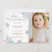 フローラフォトグリッターウィンターワンダーランド誕生日 招待状 (正面)