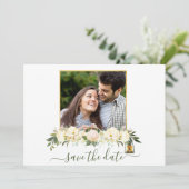 フローラフォトホワイト金ゴールドランタン日付の保存 招待状 (スタンド正面)