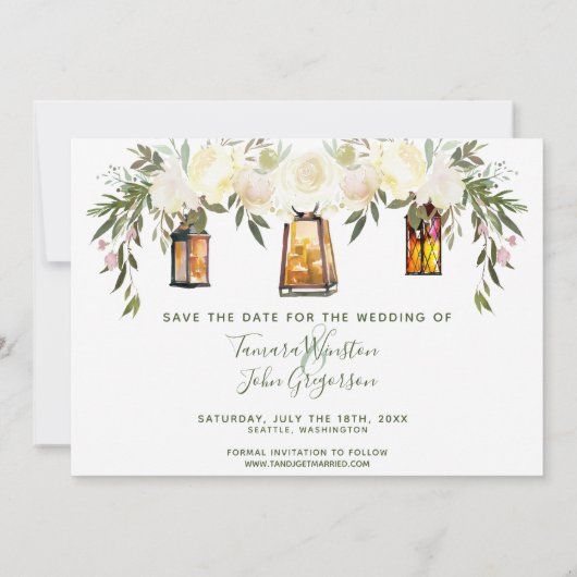 フローラフォトホワイト金ゴールドランタン日付の保存 招待状 (裏面)