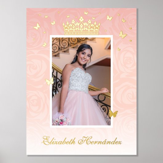 フローラフォトヴィンテージクラウンライトピンクバラ金ゴールド 箔ポスター (正面)