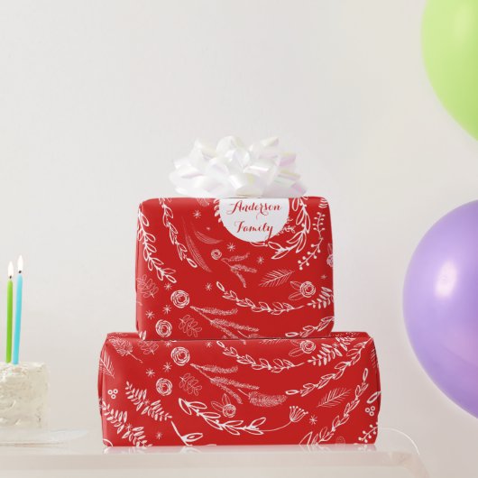 フローラフォークアートアントラーレッドクリスマスパターン ラッピングペーパー (パーティーギフト)