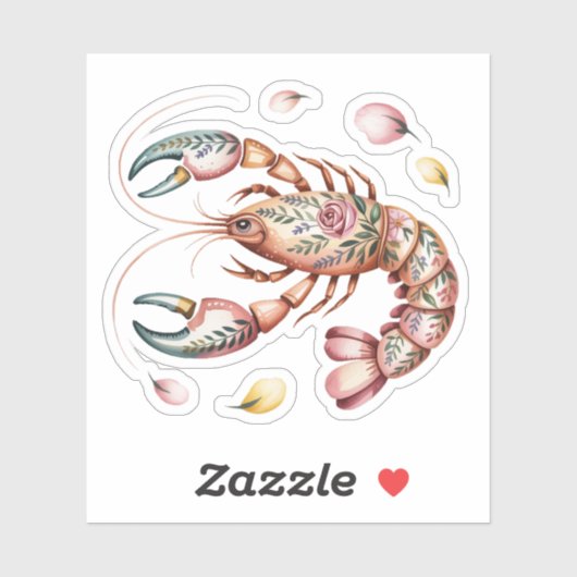 フローラフォークアートロブスターイラストレーション シール (シート)