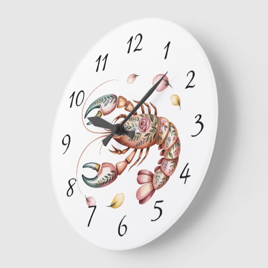 フローラフォークアートロブスターイラストレーション ラージ壁時計 (傾斜)