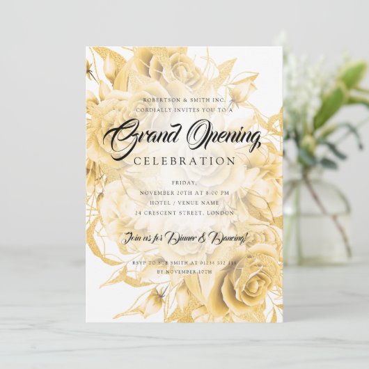 フローラフォーマル企業のグランドオープニング金ゴールド 招待状 (スタンド正面)