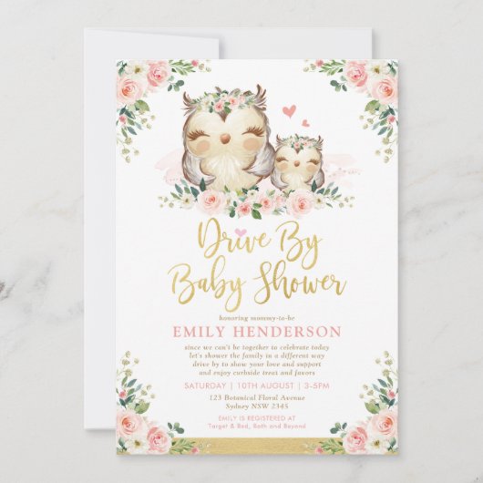 フローラフクガーリーロウがベビーシャワーで駆動し検疫 招待状 (正面)