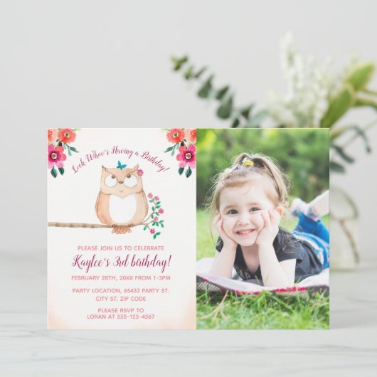 フローラフクロウフォト誕生日 招待状 (スタンド正面)