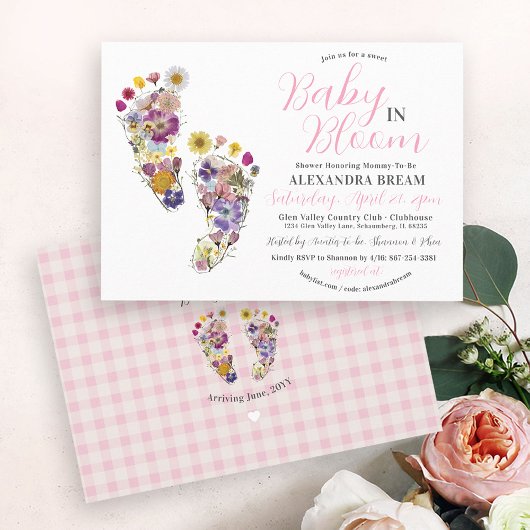 フローラフットプリントピンクベビーガールシャワー招待状 招待状