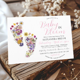 フローラフットプリントピンクベビーガールシャワー招待状 招待状