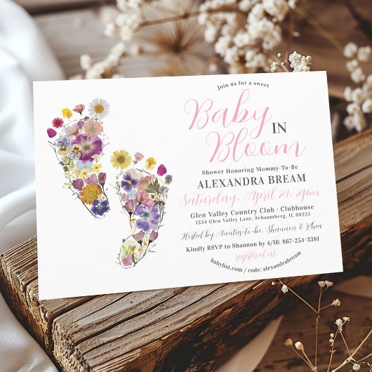 フローラフットプリントピンクベビーガールシャワー招待状 招待状