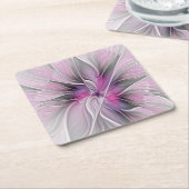 フローラフラクタルモダン抽象芸術フラワーピンク スクエアペーパーコースター (アングル)