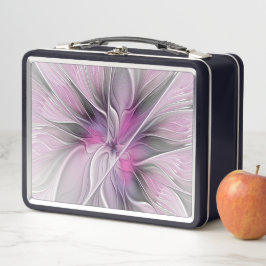 フローラフラクタルモダン抽象芸術フラワーピンク メタルランチボックス