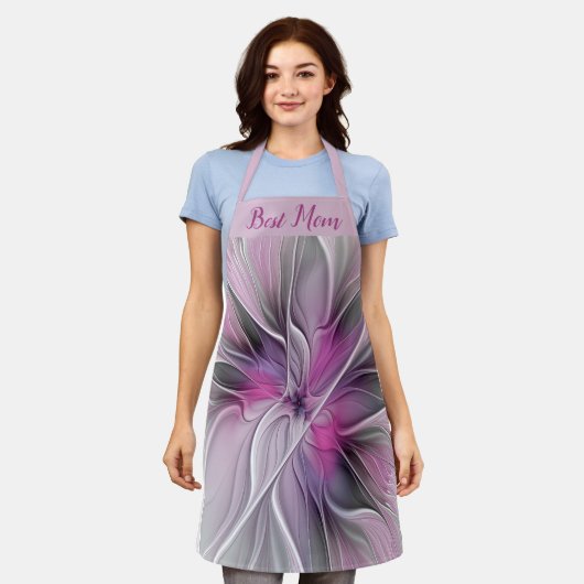 フローラフラクタル抽象芸術フラワーピンク最高のグレイママ エプロン (着用した状態)