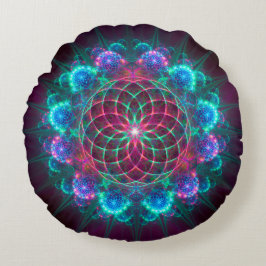 フローラフラクタル青色オーナメント ラウンドクッション