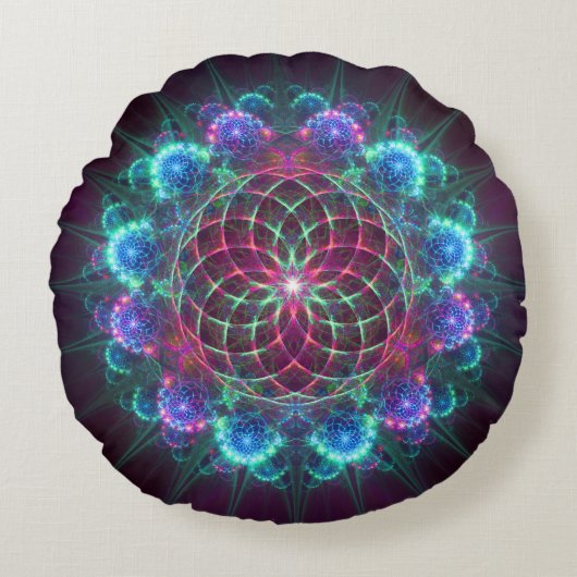 フローラフラクタル青色オーナメント ラウンドクッション (正面)