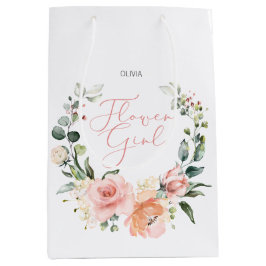 フローラフラワーガールピンク水彩リース結婚ズ ミディアムペーパーバッグ