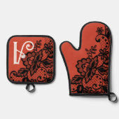 フローラフラワーレースモノグラム料理ベーキングキッチン 鍋つかみ&鍋敷きセット (正面)