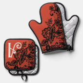 フローラフラワーレースモノグラム料理ベーキングキッチン 鍋つかみ&鍋敷きセット (正面/裏面)