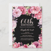 フローラフラワー開花赤面ブラック60誕生日 招待状 (正面)