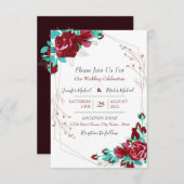 フローラフラワー&離れズBurgundy Wedding Invite 招待状 (正面/裏面)