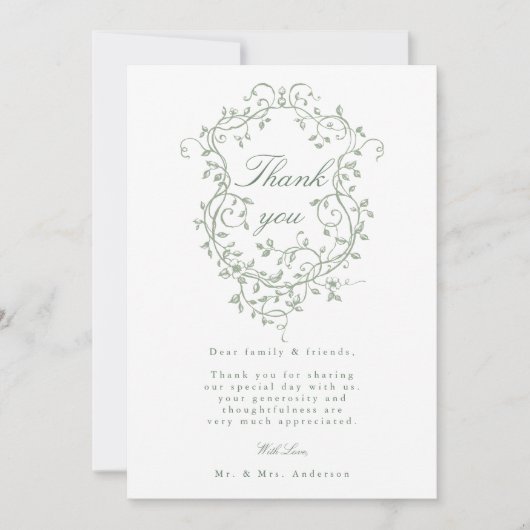 フローラフランスのセージ緑の結婚紋章の写真 サンキューカード (正面)
