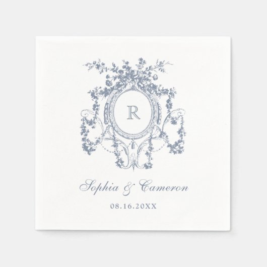 フローラフランスのバラクレストヴィンテージウェディングブルー スタンダードカクテルナプキン (正面)