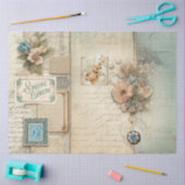 フローラフランスのブルーピンクヴィンテージエフェメラデクページ 薄葉紙 (クラフト)