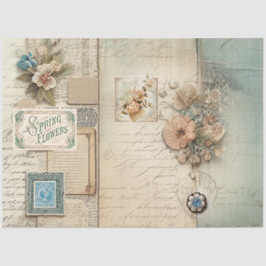 フローラフランスのブルーピンクヴィンテージエフェメラデクページ 薄葉紙 (正面)