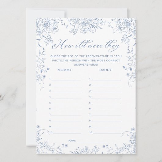 フローラフランスのブルーベビーシャワー推測年齢ゲームカード 招待状 (正面)