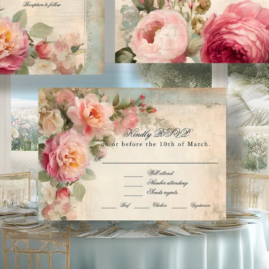 フローラフランスのヴィンテージエレガントジャンク結婚ジャーナル 出欠カード