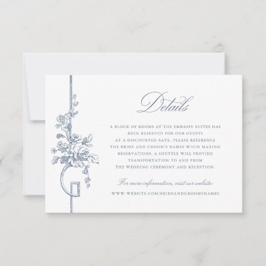 フローラフランスのヴィンテージブルーエレガントウェディング詳細 招待状 (正面)