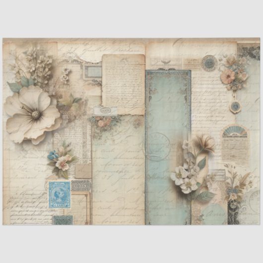 フローラフランスのヴィンテージブルーピンクエフェメラデクページ 薄葉紙 (正面)